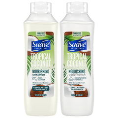 Suave Tropical Coconut Shampoo bottle pour conveys vibrant scent and hydrating formula.