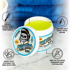 Suavecito Kid’s Pomade label close-up shows dermatologist-tested formula.