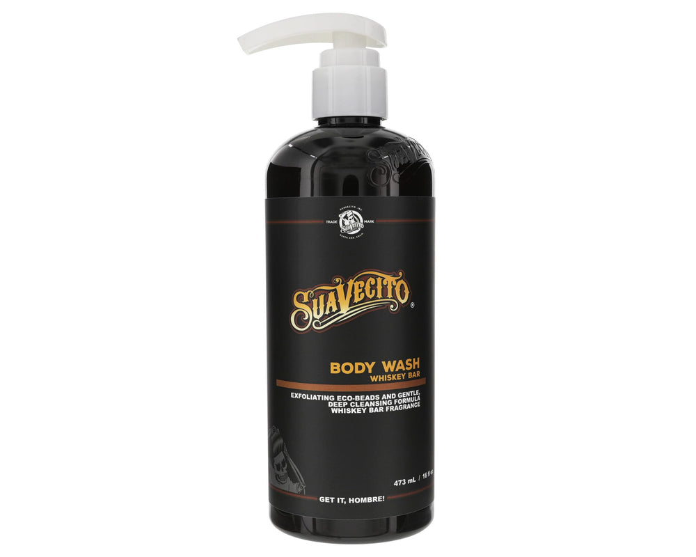 Suavecito Men's Body Wash bottle pump for daily deep cleaning and easy access.