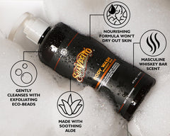Suavecito body wash lather on skin during shower delivering deep-cleaning without drying.