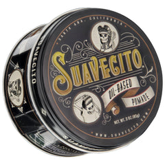 Open tin shows pliable pomade ready for hairstyling.