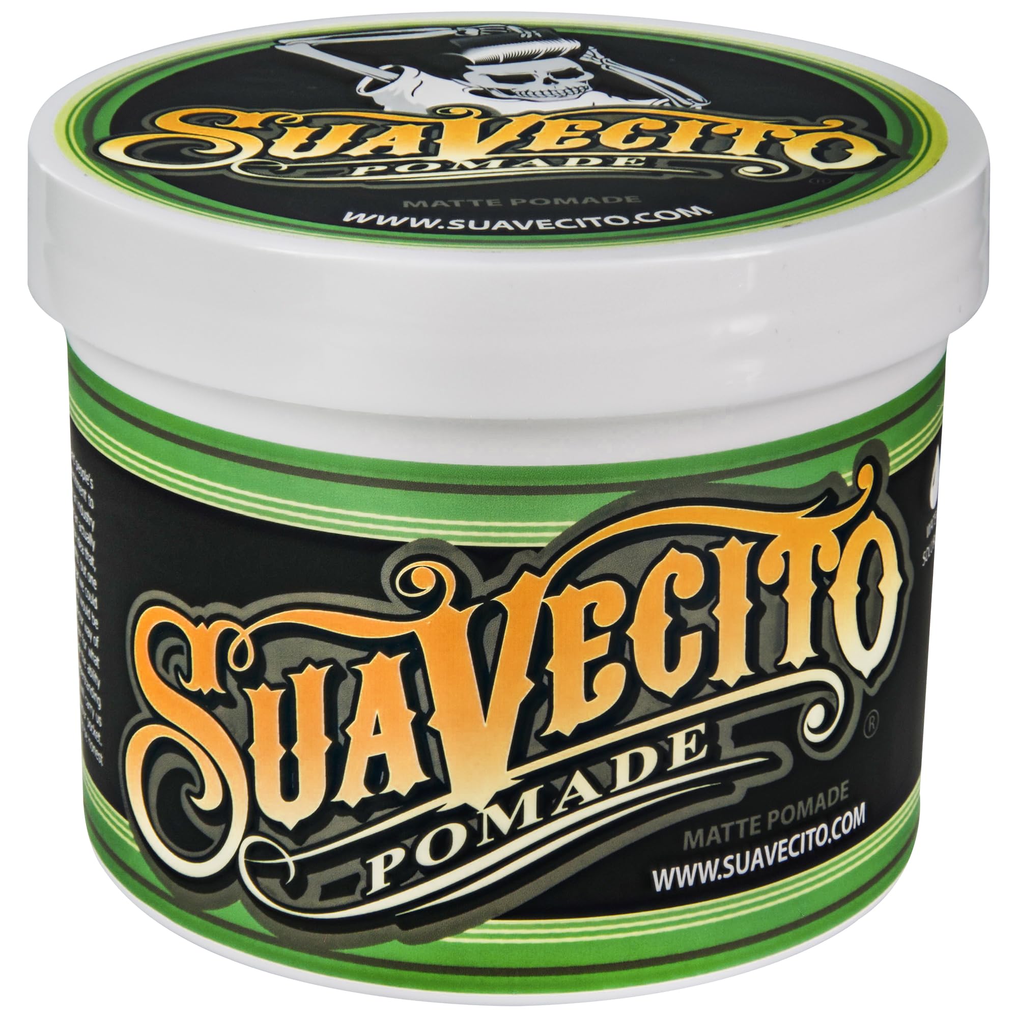 Suavecito Pomade Matte jar closeup for a shine-free hold and easy restyling.