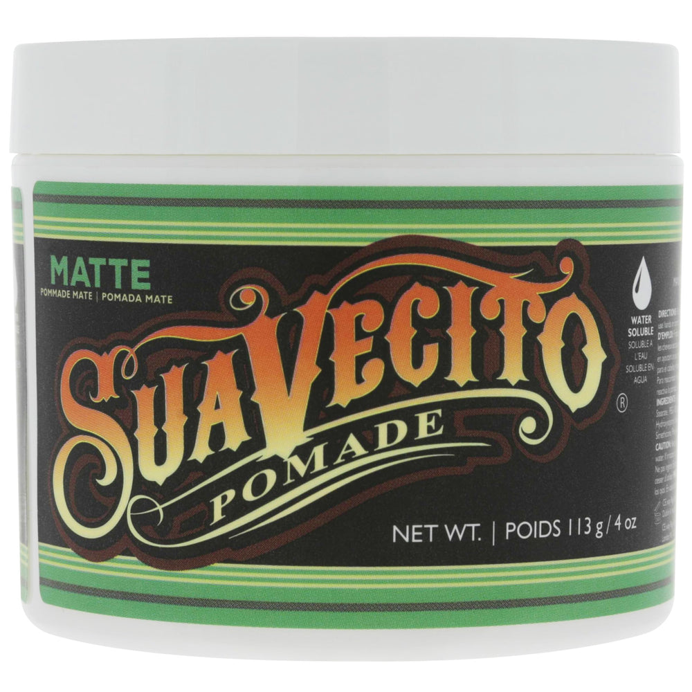 The Suavecito Pomade Matte No Shine bottle front shows a natural matte look.