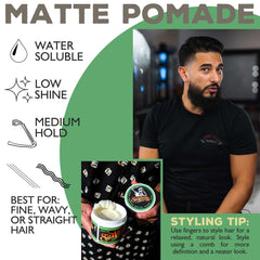 Suavecito Pomade Matte packaging graphic communicates versatility for casual to refined looks.