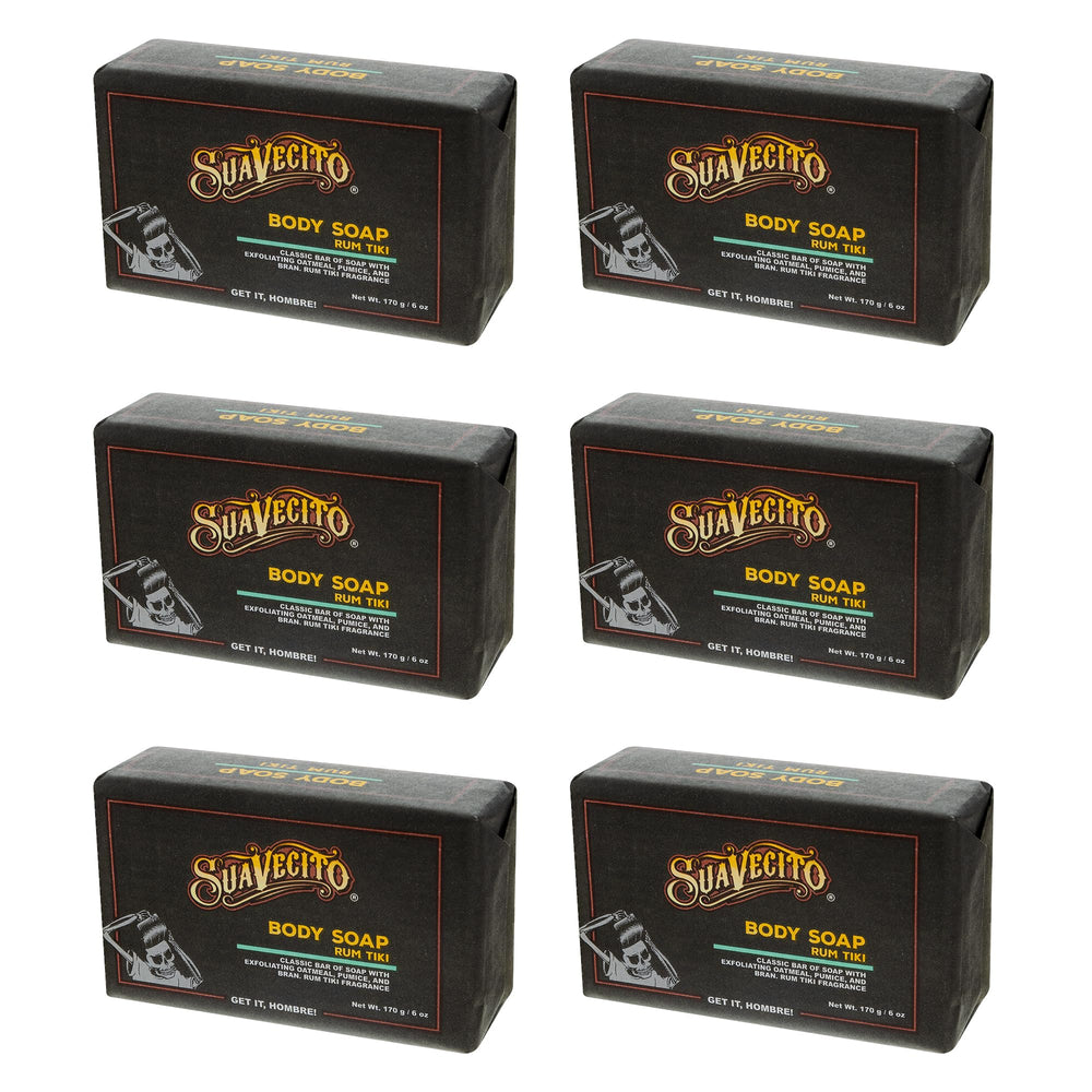 Suavecito Tiki Rum soap bar pack shot with six moisturizing bars.