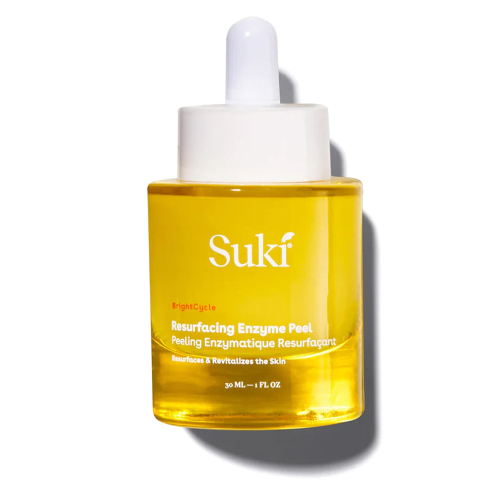 Suki Resurfacing Enzyme Peel bottle on a clean vanity for gentle exfoliation