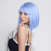 SUKRI light blue bob wig with bangs, 12-inch length, vibrant daily wear.