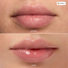 Vanilla balm application highlights non-sticky, soft hydration.
