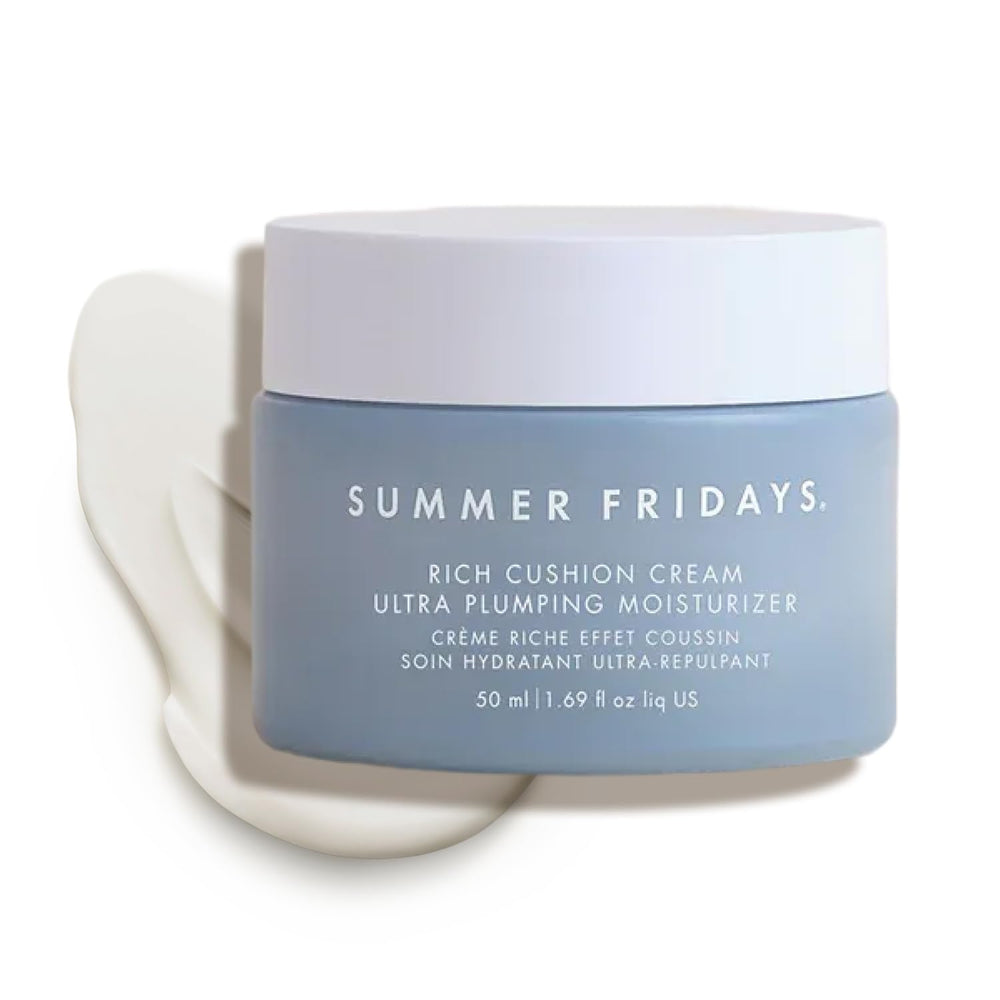 Summer Fridays Rich Cushion Face Cream bottle front shows fragrance-free hydration for daily use