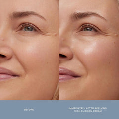 Hand applying Summer Fridays Rich Cushion Face Cream for smooth moisture on skin