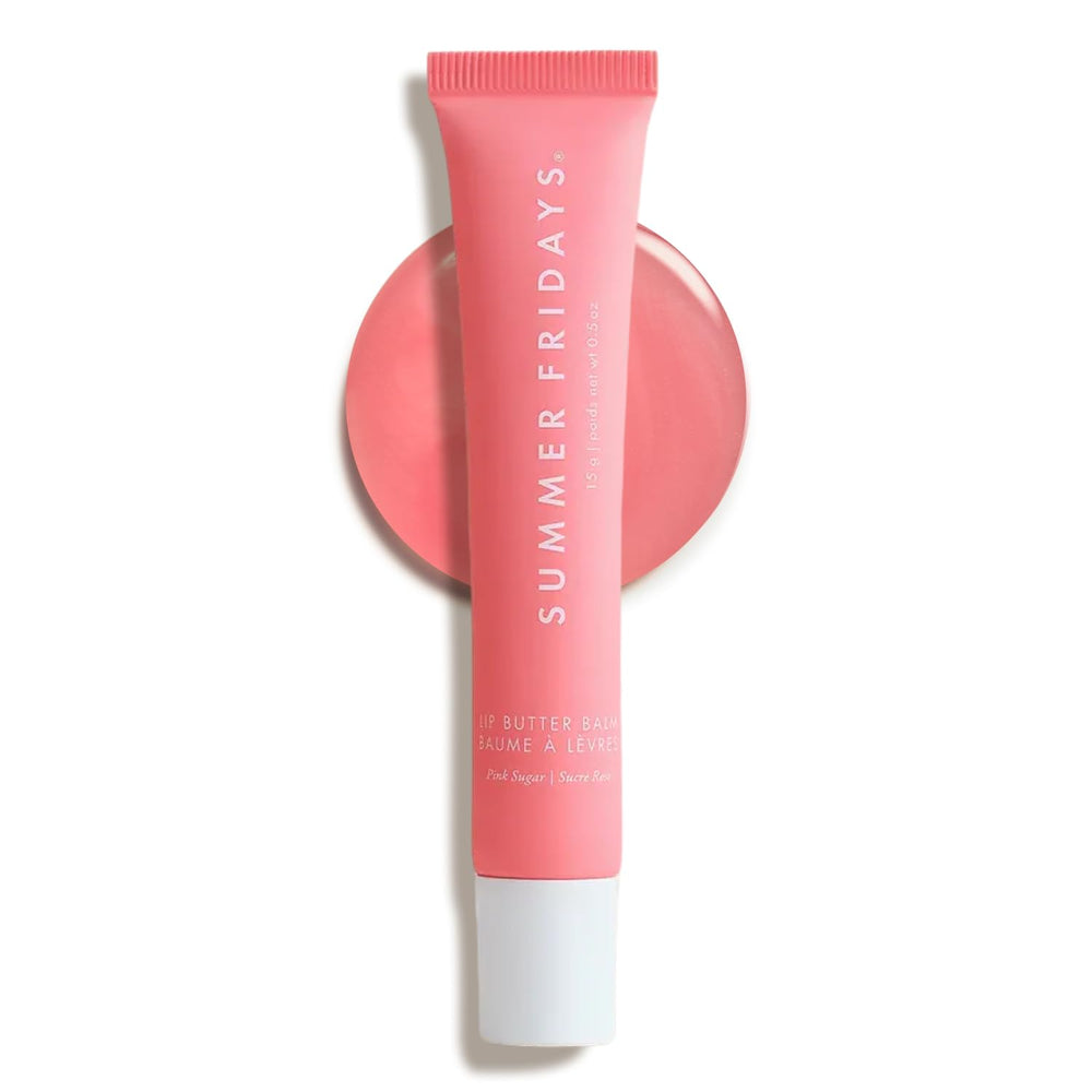 Summer Fridays Pink Sugar lip balm bottle with sheer pink tint and moisture.