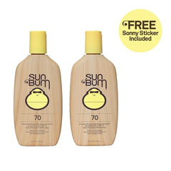 Sun Bum Original SPF 70 lotion label close-up highlighting reef-friendly formula.