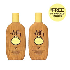 Sun Bum SPF 50 lotion being applied on skin for moisturized protection.