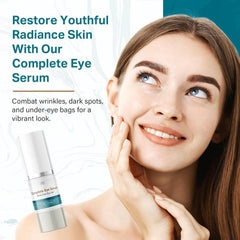 Close-up label on Sun Coast Sciences Complete Eye Serum highlighting ingredient quality for eye-area care.