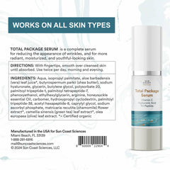 Ingredients panel of Sun Coast Sciences Total Package Serum featuring peptides and Vitamin C.