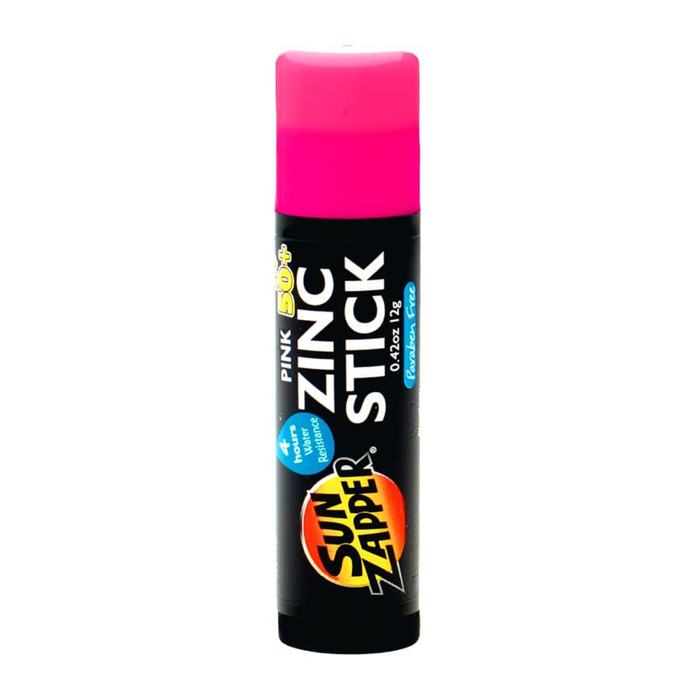 Sun Zapper pink zinc oxide stick packaging highlights style and durable protection.