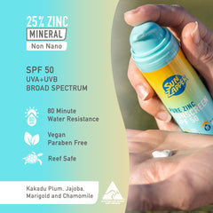 Sun Zapper clear rub-in texture with no white cast on skin.