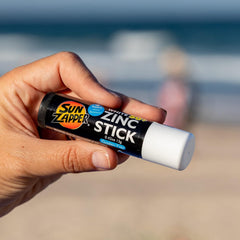 Sun Zapper sunscreen stick close-up highlights zinc oxide for mineral-based protection