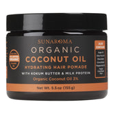 Sunaroma organic coconut oil hair pomade bottle shows hydrating formula for dry hair.