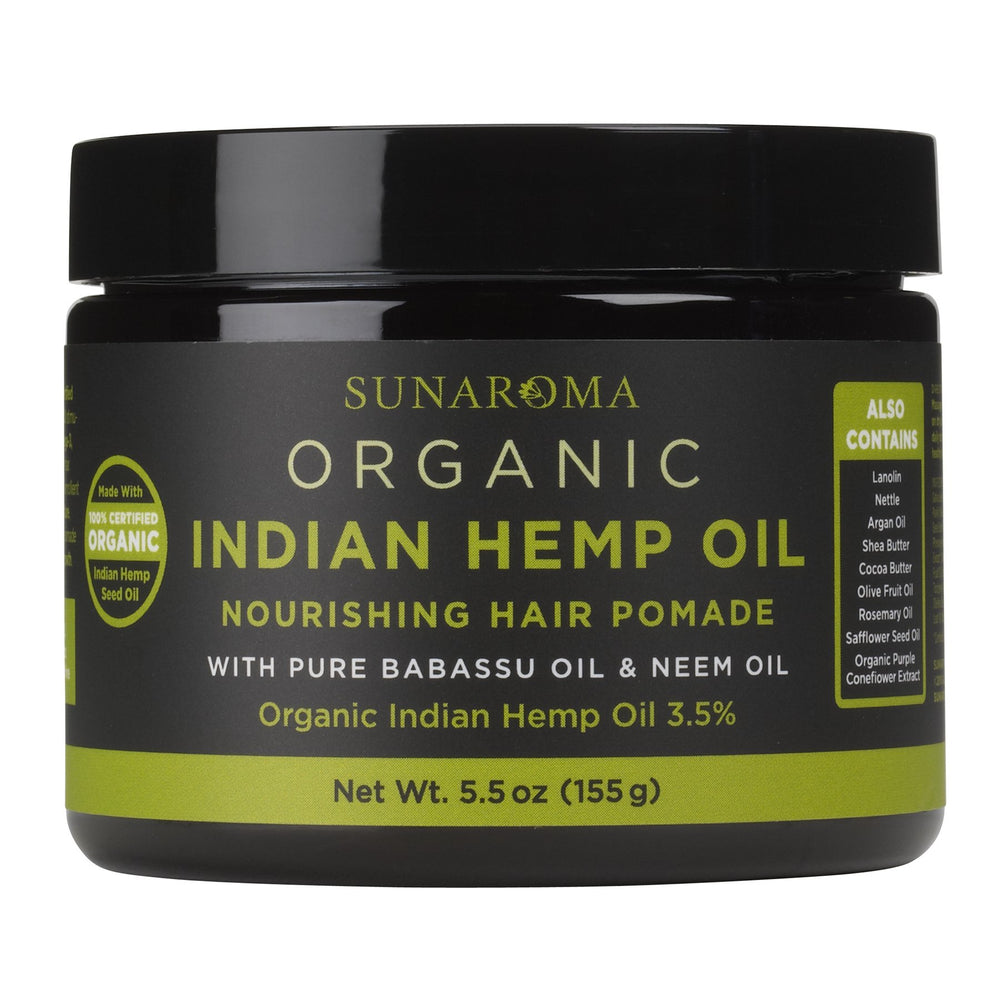 Sunaroma Organic Hair Pomade with Indian Hemp Oil bottle shows nourishing formula for thicker hair