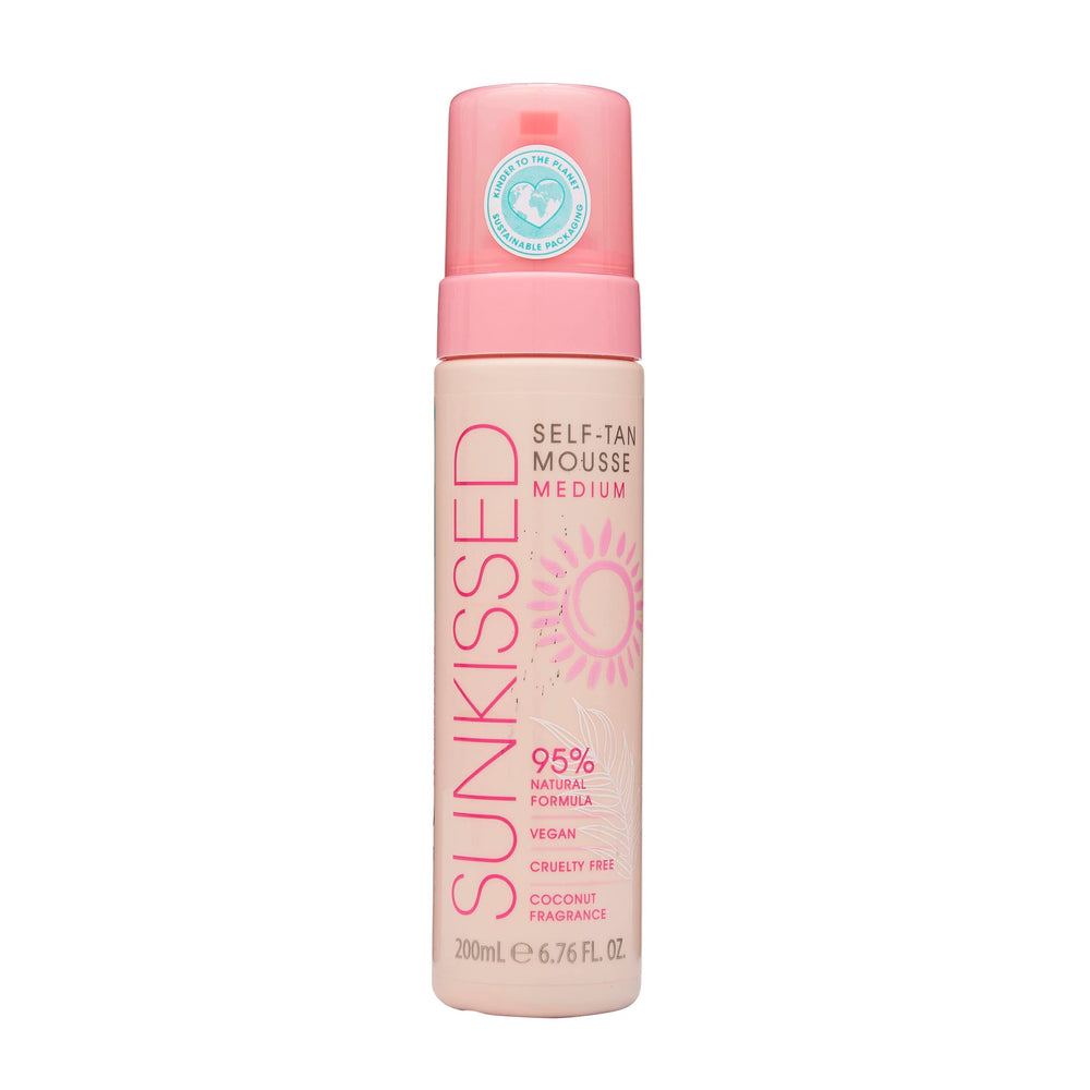Sunkissed Self Tan Mousse Medium bottle pour for fast, natural bronze glow.