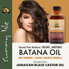 Sunny Isle Batana Oil pour suggests easy application for hydration and shine.