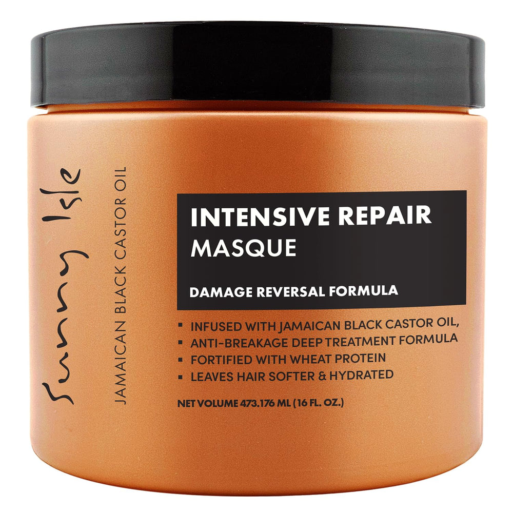 Sunny Isle castor oil masque bottle highlights a hydrating formula for healthier hair.
