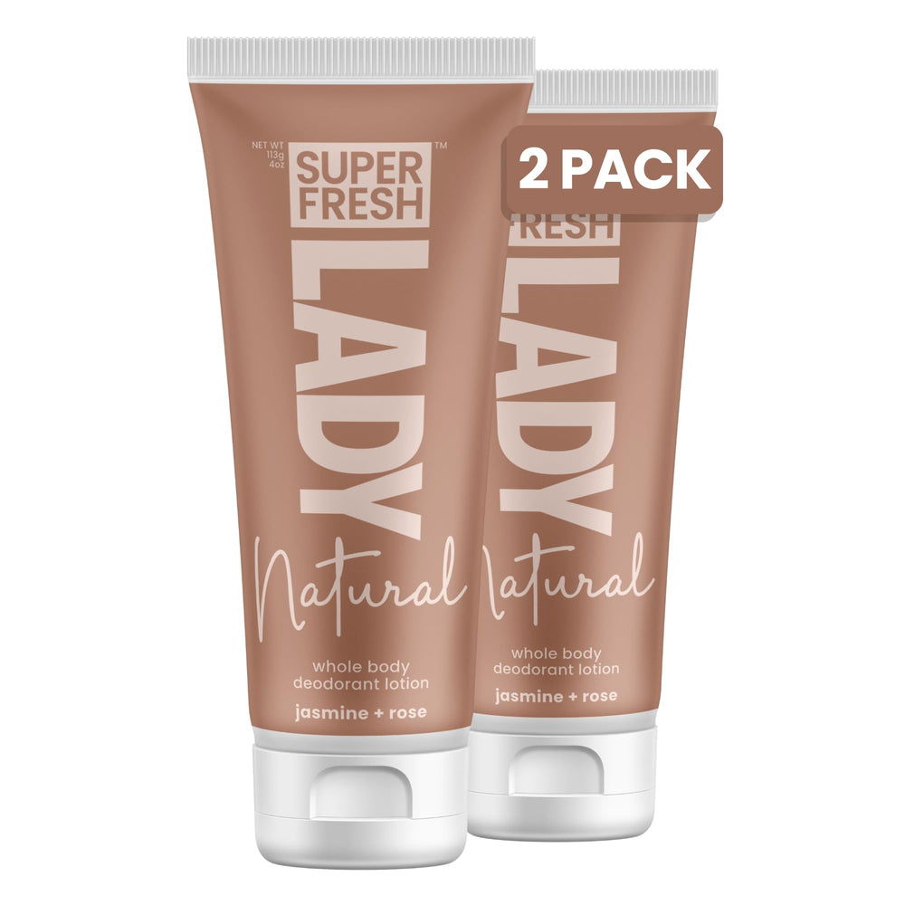 Super & Fresh Co. Lady Parts deodorant bottle with jasmine-rose scent for all-day freshness.
