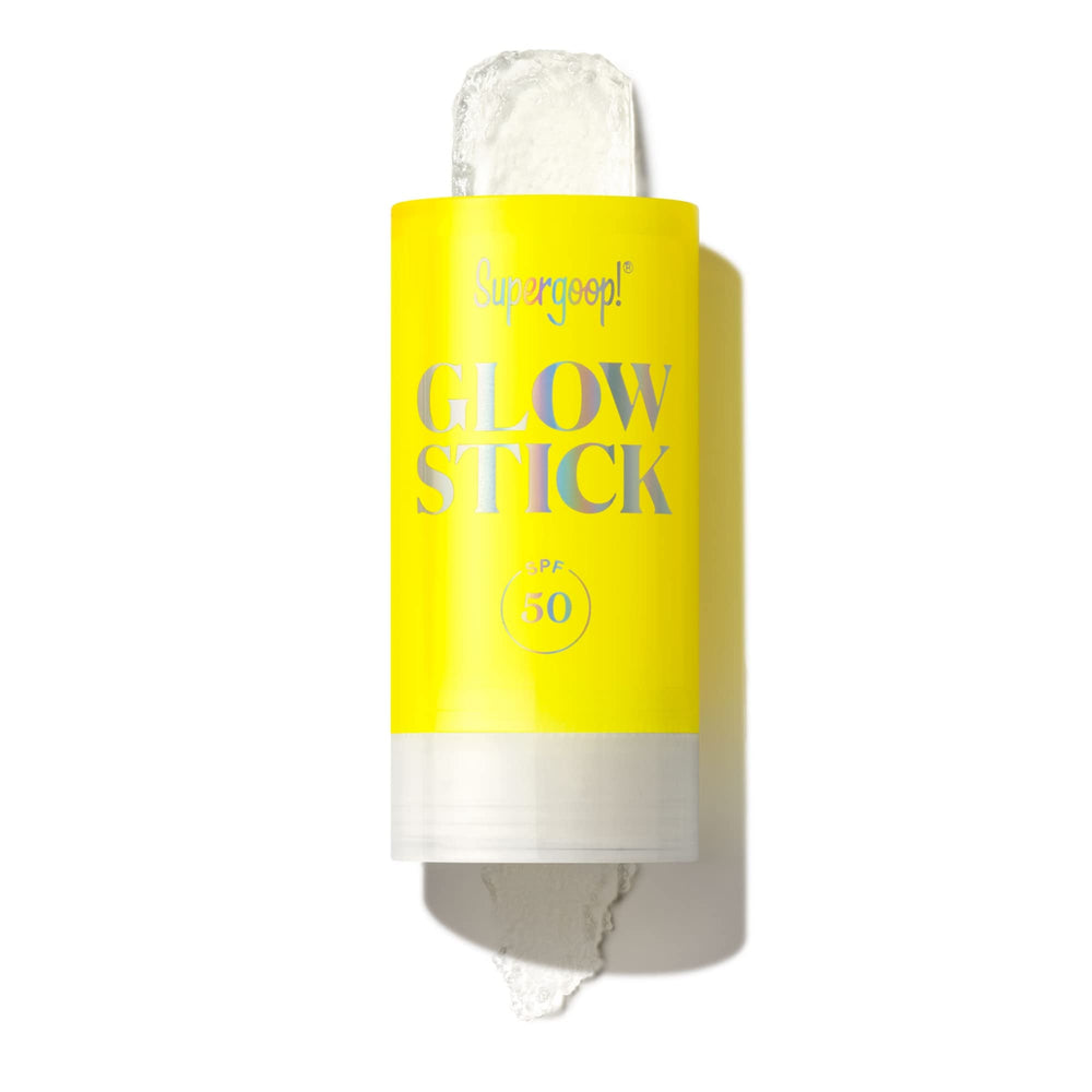 Supergoop Glow Stick SPF 50 on face and body, portable sun protection.