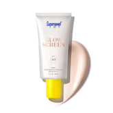 Supergoop! Glowscreen Dawn bottle closeup shows pearlescent glow and SPF protection.
