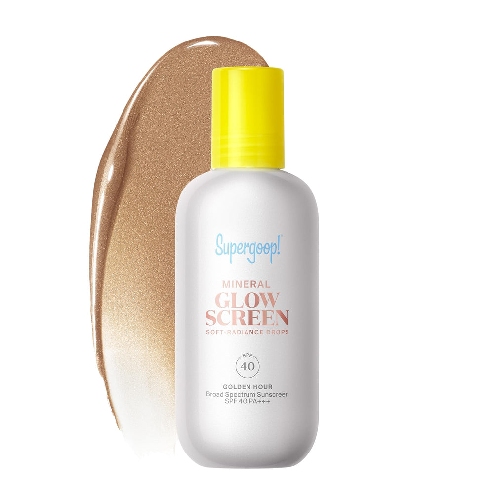 Supergoop! Glowscreen Drops Golden Hour bottle showcases radiant, even-looking skin.
