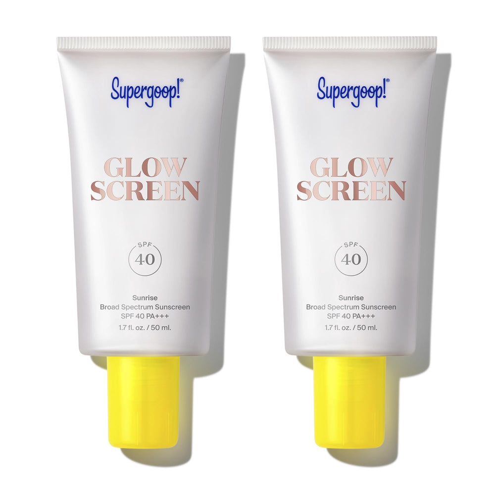Supergoop! Glowscreen Sunrise bottle with SPF 40 and champagne glow.