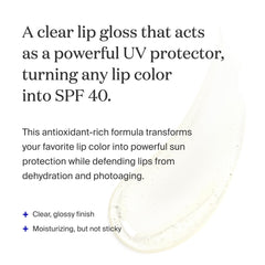Supergoop Lipscreen Shine SPF 40 on lips for a clear, non-sticky gloss finish.
