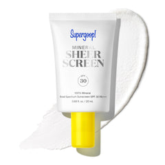 Supergoop! Mineral Sheerscreen bottle front view showing brand and compact size for daily use
