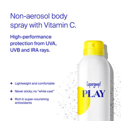 Shot of spray-angle application for even coverage by Supergoop PLAY Antioxidant Body Mist