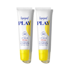 Two Supergoop PLAY Lip Balm Acai tubes ready for SPF 30 protection.
