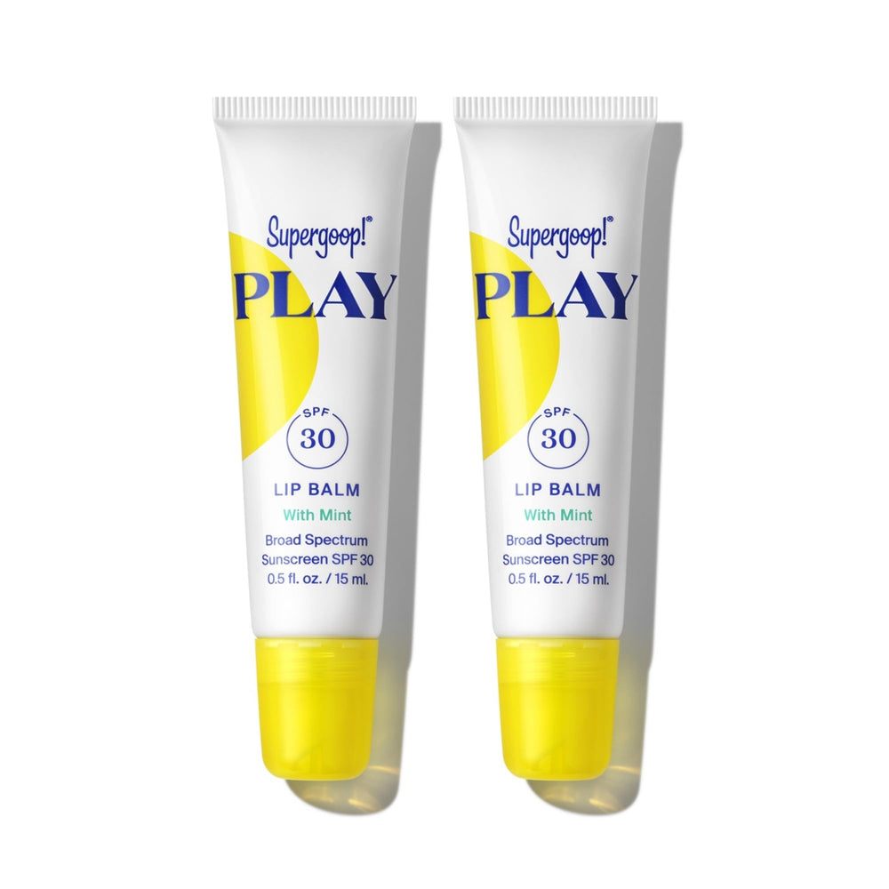 Supergoop! PLAY Lip Balm SPF 30 mint tube protects lips under bright sun.