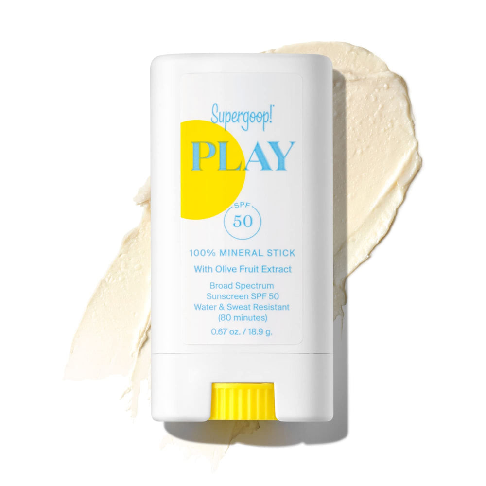 Supergoop! PLAY Mineral Stick SPF 50 applied to the face for quick protection