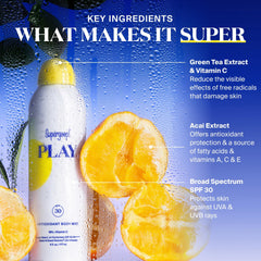 Supergoop PLAY SPF 30 body mist ocean splash evokes outdoor use.