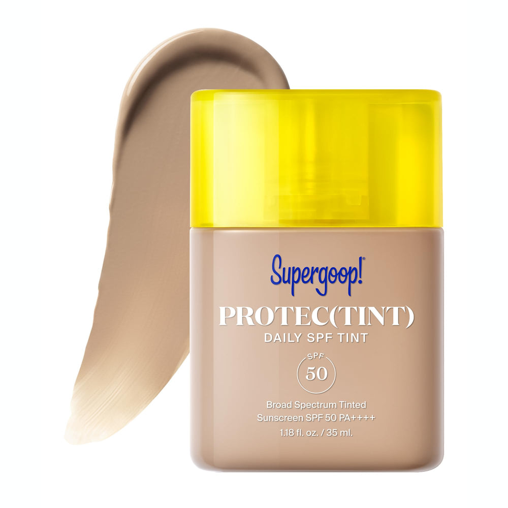 Supergoop Protec(tint) SPF 50 bottle close-up showing natural finish and buildable coverage.