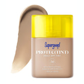 Supergoop Protec(tint) SPF 50 bottle close-up showing natural finish and buildable coverage.