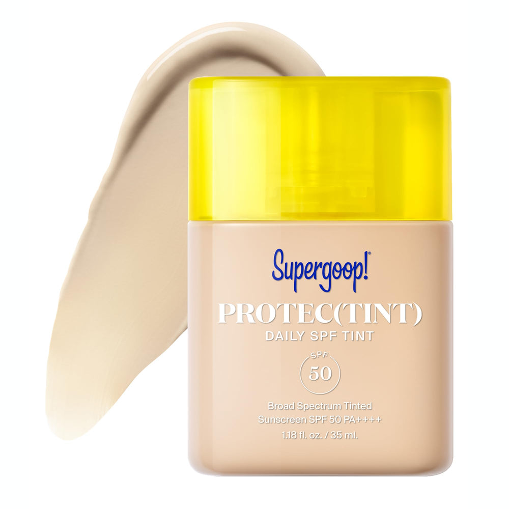 Supergoop! Protec(tint) bottle closeup with SPF 50 and a lightweight finish.