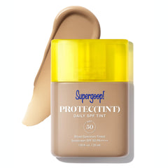 Supergoop! Protec(tint) bottle close-up highlighting SPF 50 and light texture for daily wear