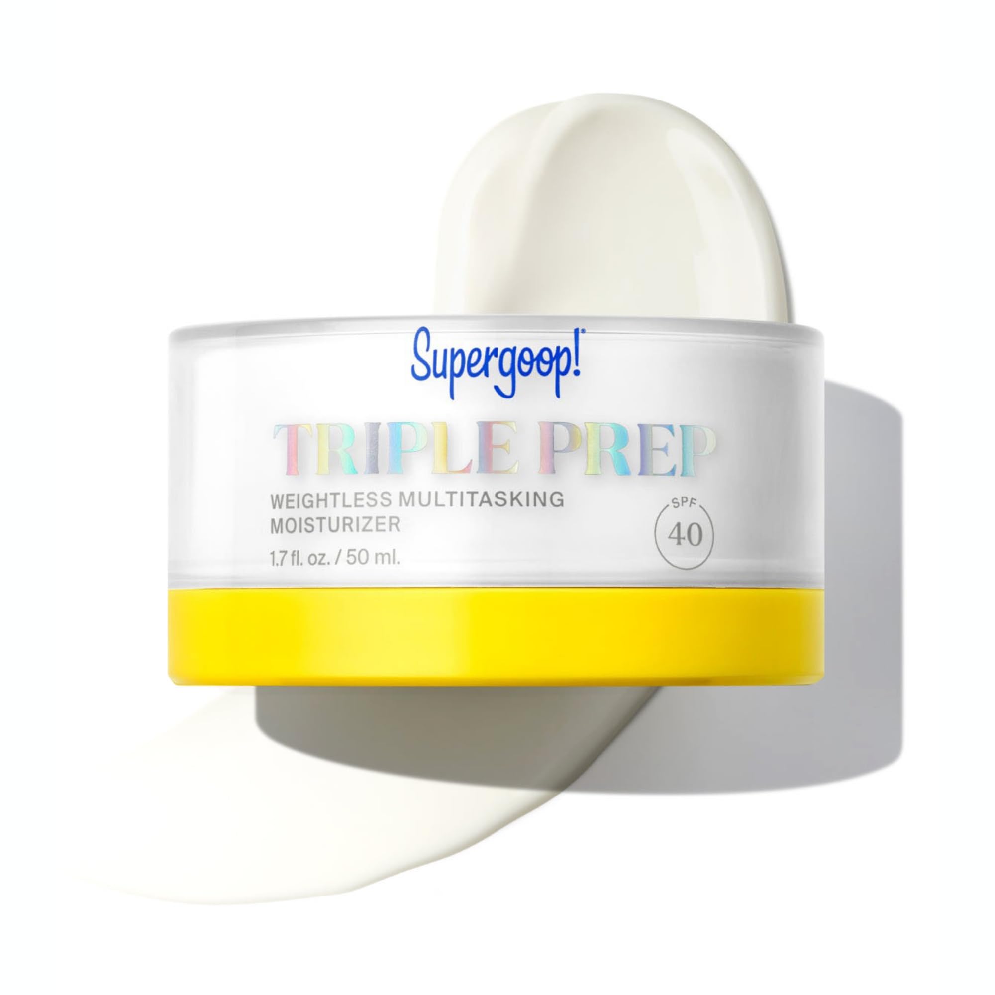 Supergoop! Triple Prep bottle on white shows lightweight hydration and daily sun protection.