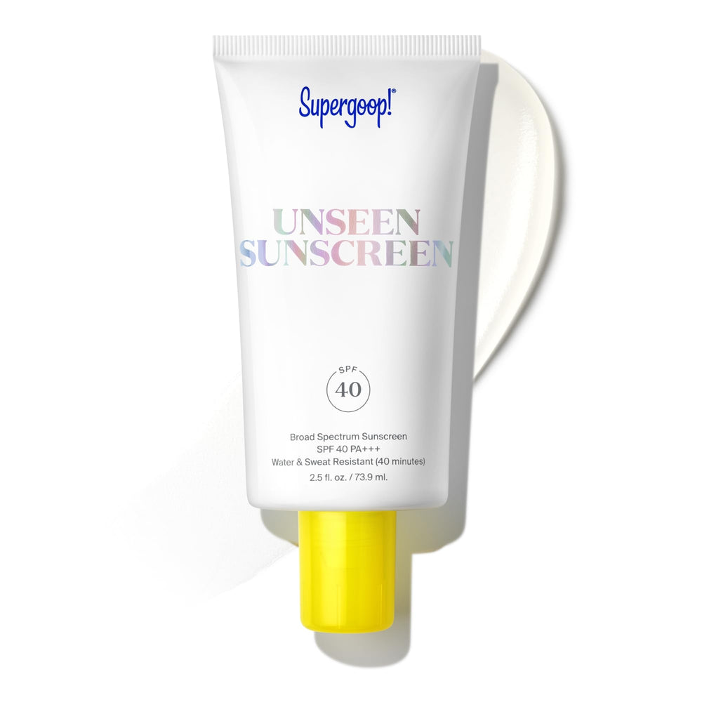 Supergoop! Unseen Sunscreen bottle with clear, weightless finish for daily use.