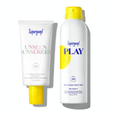Supergoop Unseen Sunscreen bottle close-up showing invisible, weightless protection