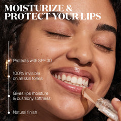 Supergoop Unseen Lip Protector-packaging closeup highlights lightweight, natural finish protection.