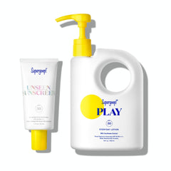Supergoop Unseen Sunscreen face bottle shows an invisible finish that blends seamlessly.