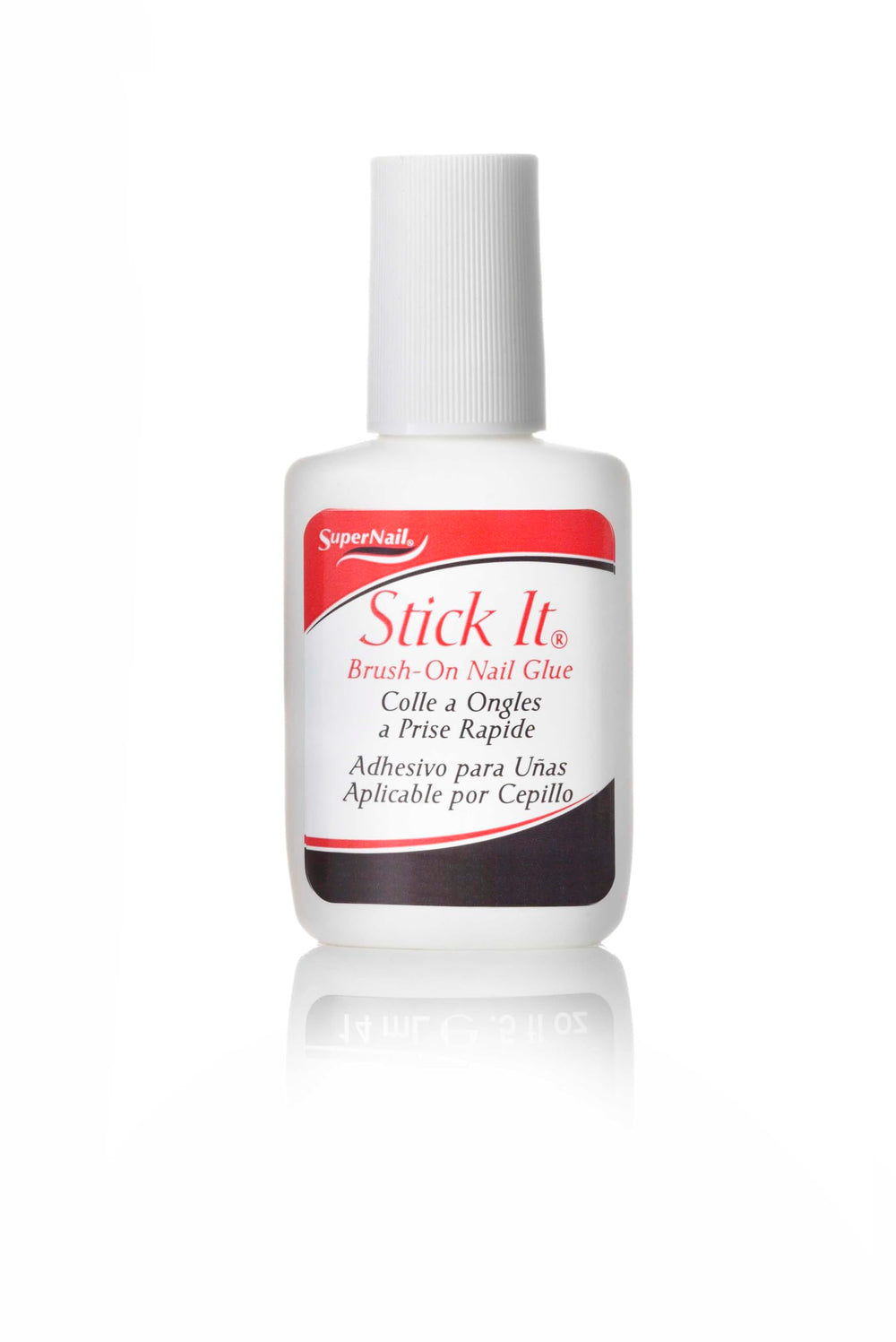 SuperNail Stick It Glue Brush-On bottle demonstrates fast-drying, precise nail work