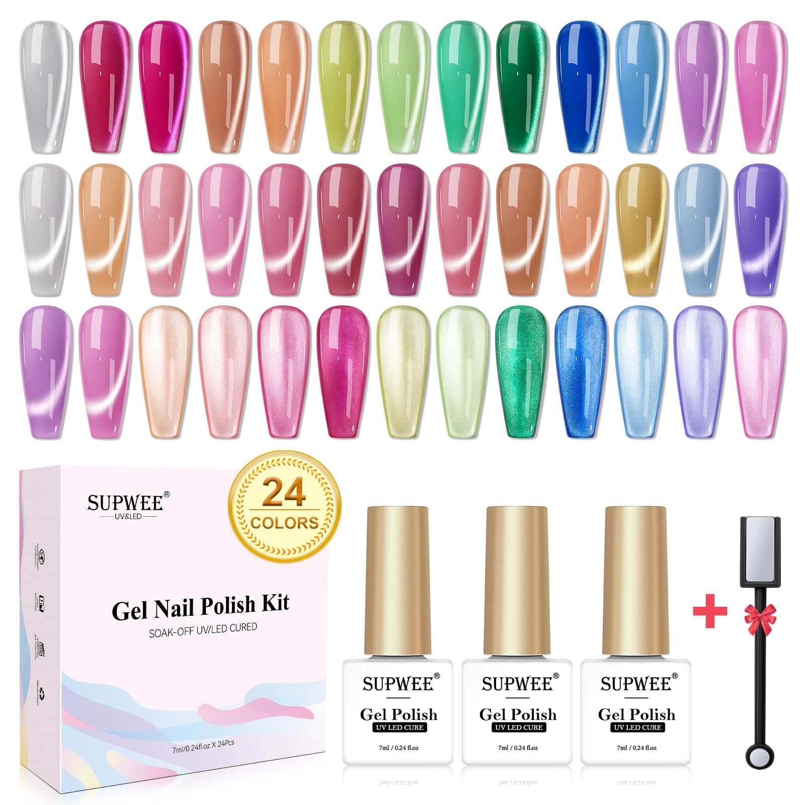 SUPWEE 24 colors cat eye gel polish kit shows full palette for at-home manicure options